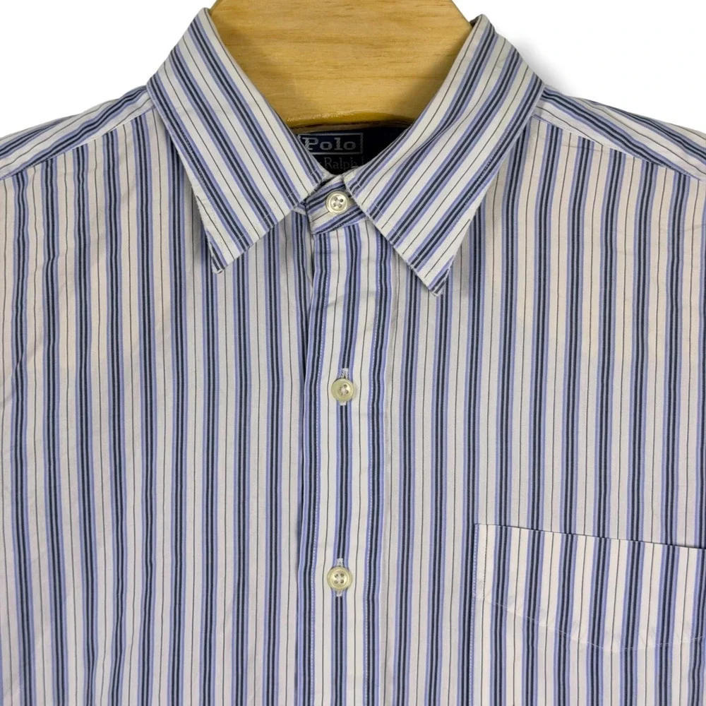 Vintage Polo Ralph Lauren‎ Andrew Button Down Men 16 Large Blue Stripe Poplin
